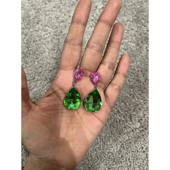 Pink& green earring pink Green crystal green teardrop peridot long green earring - Picture 2 of 10